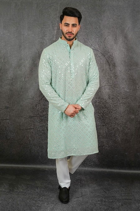 Buy Kasbah Green Georgette Mirror Work Embroidered Kurta Online at Aza Fashions Buy_Kasbah_Green Georgette Mirror Work Embroidered Kurta_Online_at_Aza_Fashions