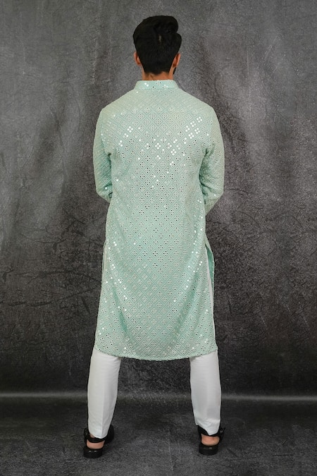 Shop Kasbah Green Georgette Mirror Work Embroidered Kurta Online at Aza Fashions Shop_Kasbah_Green Georgette Mirror Work Embroidered Kurta_Online_at_Aza_Fashions
