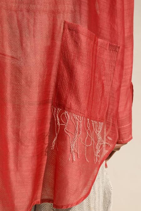 Buy_Urvashi Kaur_Red Chanderi Cotton, Silk Collared Colina Sheer Shirt _Online_at_Aza_Fashions