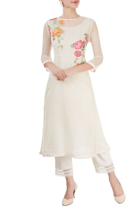 Buy White Striped Kurta With Pants For Women by Rajat & Shraddha Online ...