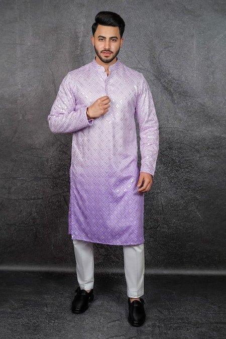 Buy_Kasbah_Purple Georgette Mirror Work Ombre Embroidered Kurta_Online_at_Aza_Fashions