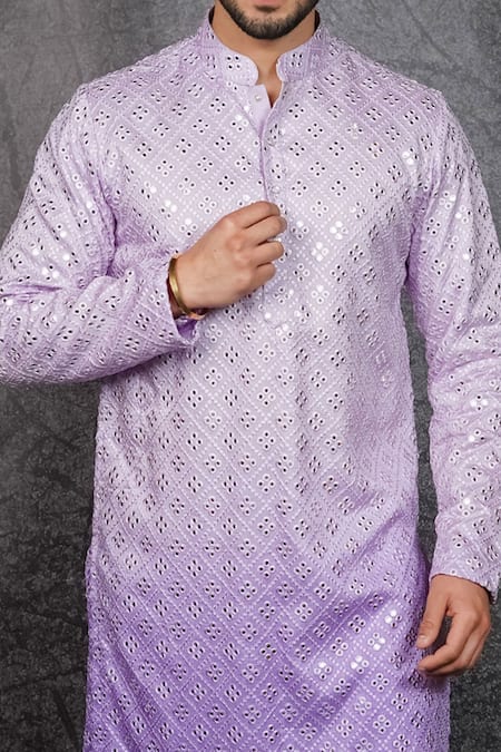 Shop_Kasbah_Purple Georgette Mirror Work Ombre Embroidered Kurta_Online_at_Aza_Fashions