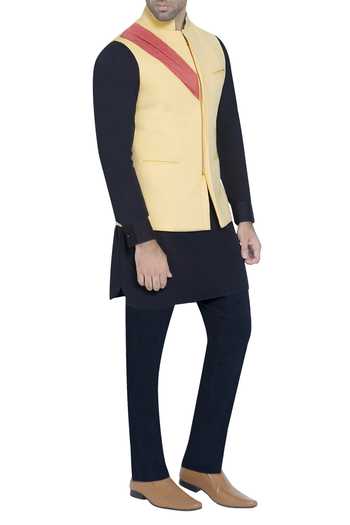 Wyci_Yellow Waistcoat With Drape Detail_Online_at_Aza_Fashions