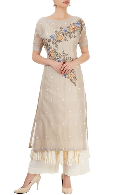 Prama By Pratima Pandey Cream Grey Kurta Set With Thread Embroidery  