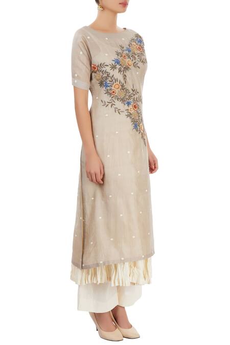 Prama By Pratima Pandey Cream Grey Kurta Set With Thread Embroidery Online at Aza Fashions Prama By Pratima Pandey_Cream Grey Kurta Set With Thread Embroidery _Online_at_Aza_Fashions