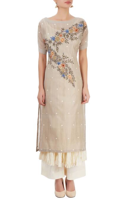 Shop Prama By Pratima Pandey Cream Grey Kurta Set With Thread Embroidery Online at Aza Fashions Shop_Prama By Pratima Pandey_Cream Grey Kurta Set With Thread Embroidery _Online_at_Aza_Fashions