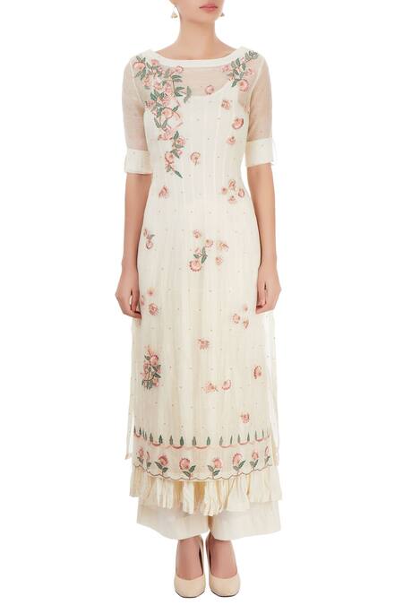 Shop_Prama By Pratima Pandey_White Thread Embroidered Palazzo Set  _Online_at_Aza_Fashions