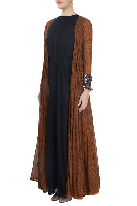 Saaksha & Kinni_Brown Printed Pleated Jacket_Online_at_Aza_Fashions