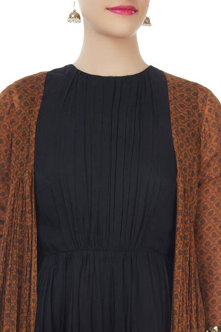 Saaksha & Kinni_Brown Printed Pleated Jacket_at_Aza_Fashions