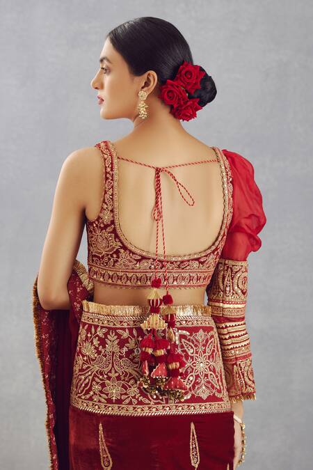Shop_Torani_Red Velvet, Organza Adda Scoop Neck Sindoori Mahnoor One Sleeve Blouse _Online_at_Aza_Fashions
