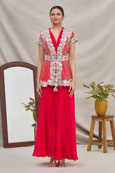 Buy_Ekta Singh_Red Silk V Neck Jacket And Pant Set _Online_at_Aza_Fashions