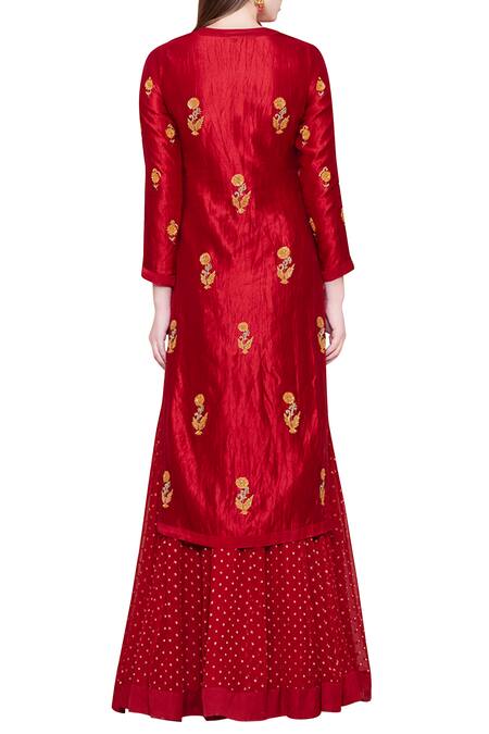 Shop_Shyam Narayan Prasad_Maroon Silk Mandarin Collar Kurta Lehenga Set _at_Aza_Fashions