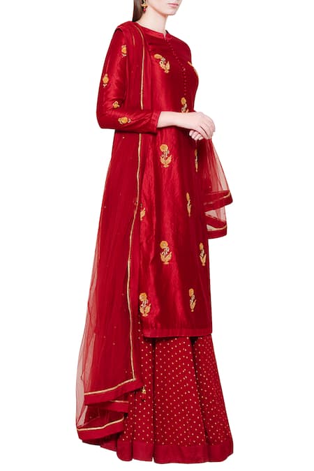 Shyam Narayan Prasad_Maroon Silk Mandarin Collar Kurta Lehenga Set _Online_at_Aza_Fashions