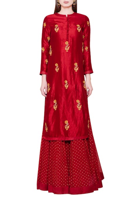 Buy_Shyam Narayan Prasad_Maroon Silk Mandarin Collar Kurta Lehenga Set _Online_at_Aza_Fashions