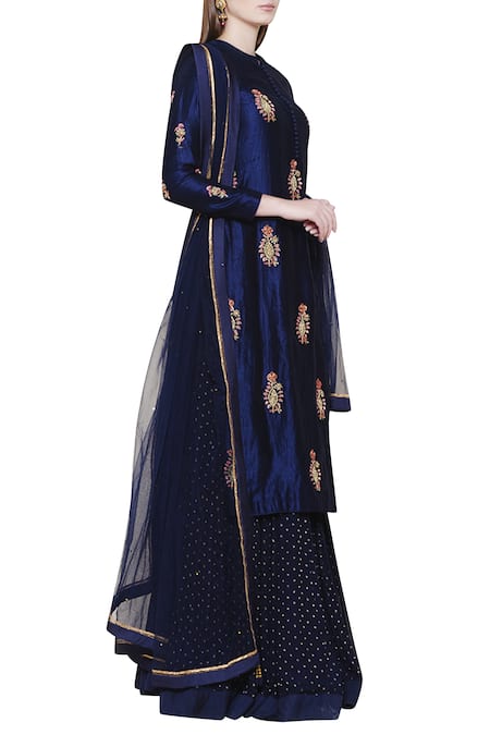 Shyam Narayan Prasad_Blue Silk, Net, Georgette Mandarin Collar Kurta Lehenga Set _Online_at_Aza_Fashions