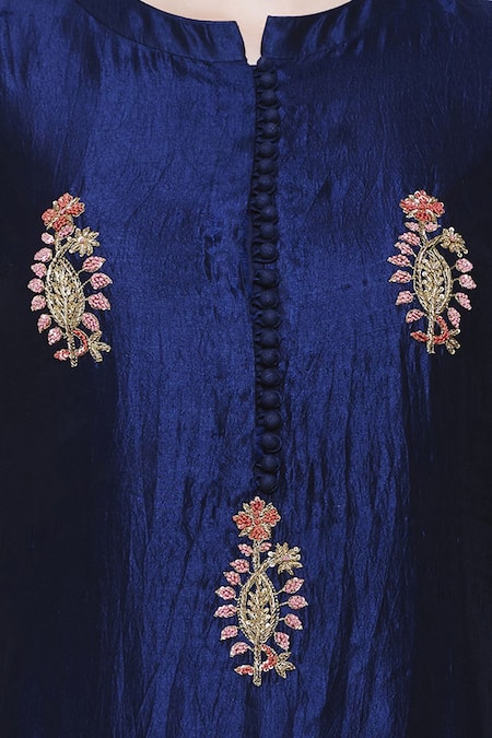 Shop_Shyam Narayan Prasad_Blue Silk, Net, Georgette Mandarin Collar Kurta Lehenga Set _Online_at_Aza_Fashions