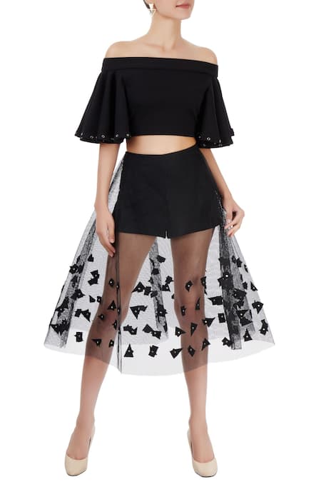 Babita Malkani Black Mesh Net Applique Carmen Skirt Set 