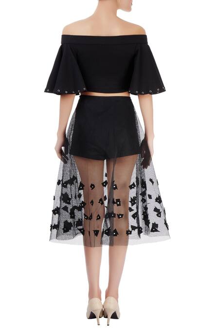 Shop_Babita Malkani_Black Mesh Net Carmen Applique Skirt Set_at_Aza_Fashions