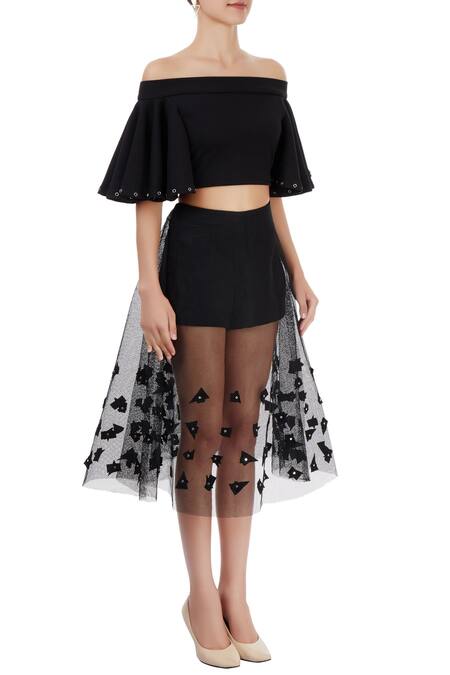 Babita Malkani_Black Mesh Net Carmen Applique Skirt Set_Online_at_Aza_Fashions