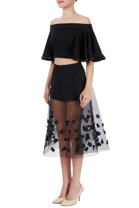 Buy_Babita Malkani_Black Mesh Net Carmen Applique Skirt Set_Online_at_Aza_Fashions