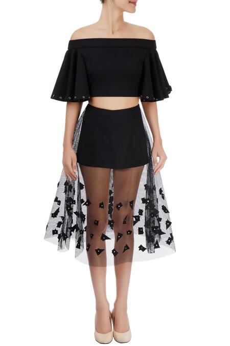 Shop_Babita Malkani_Black Mesh Net Carmen Applique Skirt Set_Online_at_Aza_Fashions