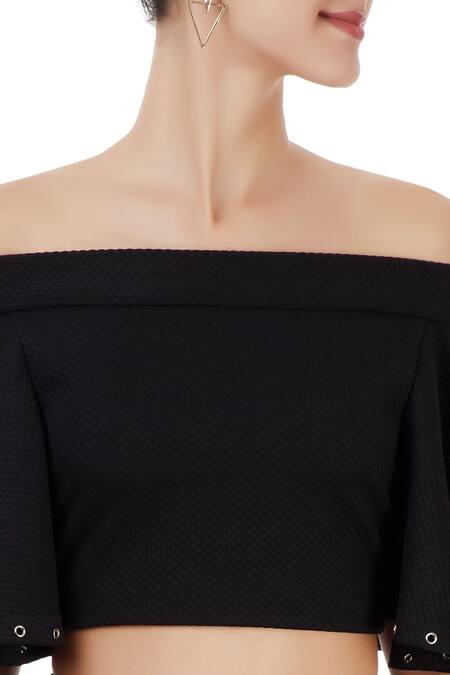 Babita Malkani_Black Mesh Net Carmen Applique Skirt Set_at_Aza_Fashions