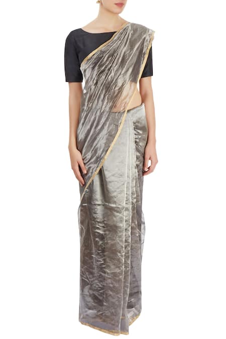 Shop_Akaaro_Silver Metallic Saree _Online_at_Aza_Fashions