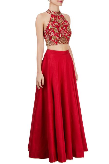 Vandana Sethi_Red Soft Silk Sequin Halter Neck Embroidered Blouse And Lehenga Set_Online_at_Aza_Fashions