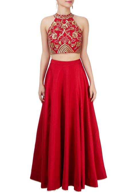 Shop_Vandana Sethi_Red Soft Silk Sequin Halter Neck Embroidered Blouse And Lehenga Set_Online_at_Aza_Fashions