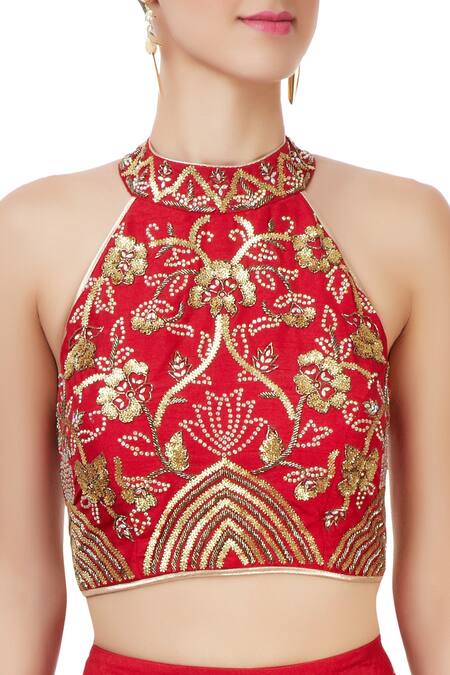 Vandana Sethi_Red Soft Silk Sequin Halter Neck Embroidered Blouse And Lehenga Set_at_Aza_Fashions
