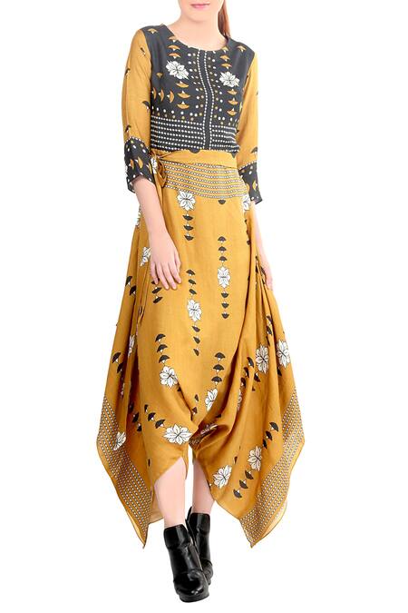 Soup by Sougat Paul Yellow Round Printed Asymmetric Jumpsuit For Women