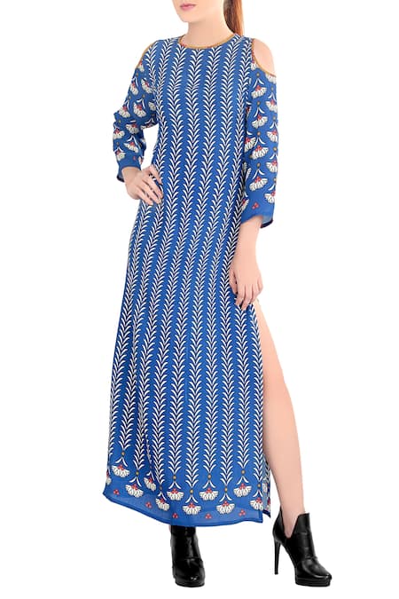 Soup by Sougat Paul Blue Printed Cold Shoulder Dress 