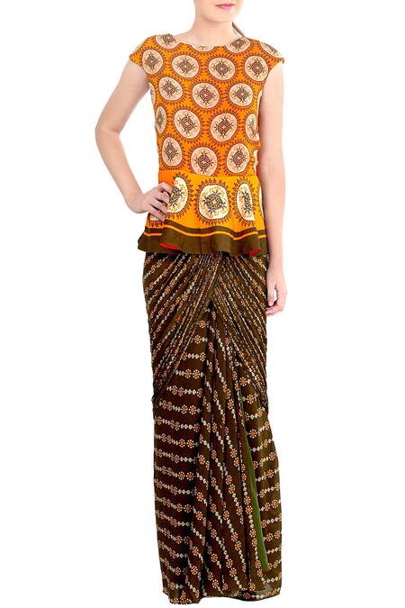 Soup by Sougat Paul Yellow Crepe Printed Boat Neck Peplum Draped Saree Gown For Women