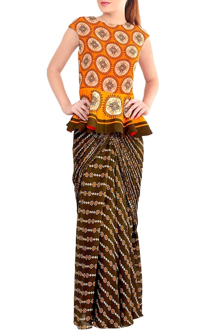Soup by Sougat Paul_Yellow Crepe Boat Neck Peplum Draped Saree Gown _Online_at_Aza_Fashions
