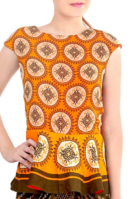 Buy_Soup by Sougat Paul_Yellow Crepe Boat Neck Peplum Draped Saree Gown _Online_at_Aza_Fashions