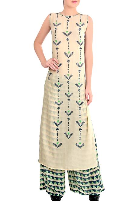 Soup By Sougat Paul_Beige Round Printed Kurta Set _Online_at_Aza_Fashions