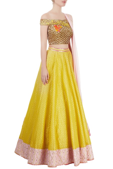 Neha Khullar Yellow Net, Chanderi Lehenga Set Online at Aza Fashions Neha Khullar_Yellow Net, Chanderi Lehenga Set _Online_at_Aza_Fashions