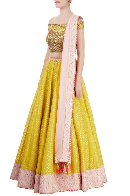 Buy Neha Khullar Yellow Net, Chanderi Lehenga Set Online at Aza Fashions Buy_Neha Khullar_Yellow Net, Chanderi Lehenga Set _Online_at_Aza_Fashions