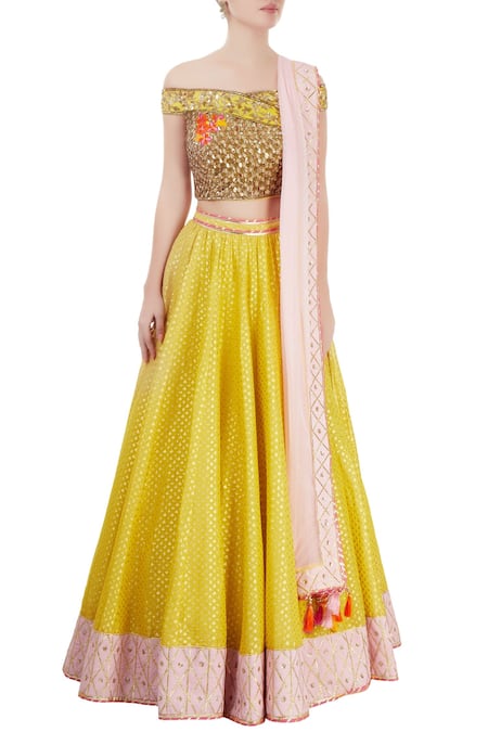 Shop Neha Khullar Yellow Net, Chanderi Lehenga Set Online at Aza Fashions Shop_Neha Khullar_Yellow Net, Chanderi Lehenga Set _Online_at_Aza_Fashions
