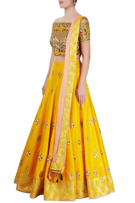 Buy_Neha Khullar_Yellow Raw Silk, Net Bead Work Off Shoulder Neck Lehenga Set _Online_at_Aza_Fashions