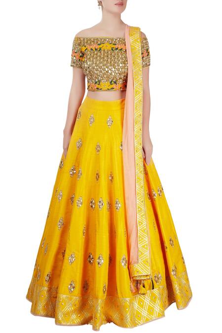 Shop_Neha Khullar_Yellow Raw Silk, Net Bead Work Off Shoulder Neck Lehenga Set _Online_at_Aza_Fashions