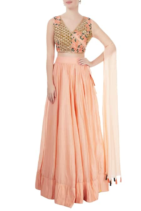 Neha Khullar Peach Chanderi Silk Embroidered Floral V Neck Blouse Lehenga Set  