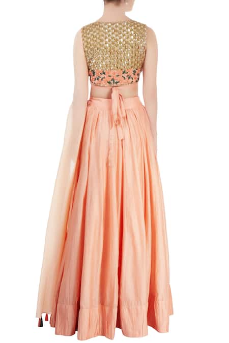 Shop_Neha Khullar_Peach Chanderi Silk Embroidered Floral V Neck Blouse Lehenga Set _at_Aza_Fashions