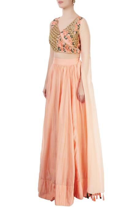 Buy_Neha Khullar_Peach Chanderi Silk Embroidered Floral V Neck Blouse Lehenga Set _Online_at_Aza_Fashions