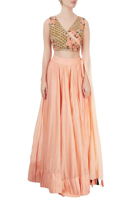 Shop_Neha Khullar_Peach Chanderi Silk Embroidered Floral V Neck Blouse Lehenga Set _Online_at_Aza_Fashions