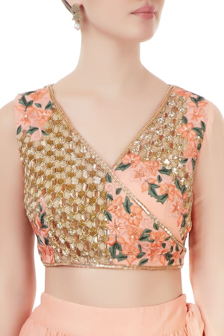 Neha Khullar_Peach Chanderi Silk Embroidered Floral V Neck Blouse Lehenga Set _at_Aza_Fashions