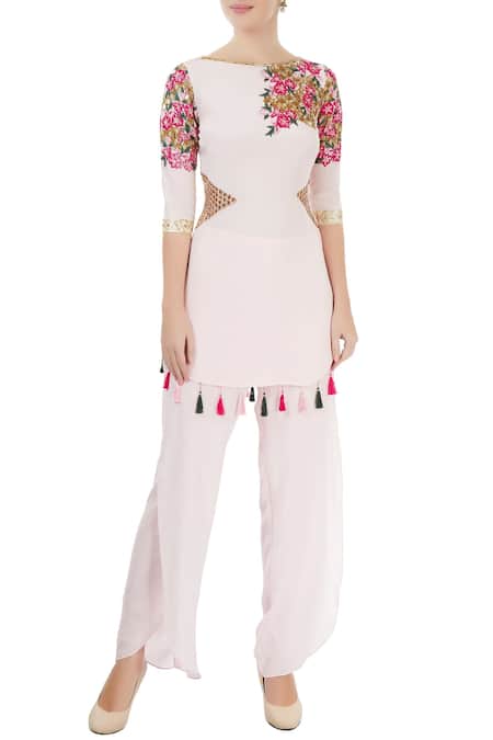 Neha Khullar Pink Crepe Embroidered Thread Boat Neck Kurta And Pant Set 