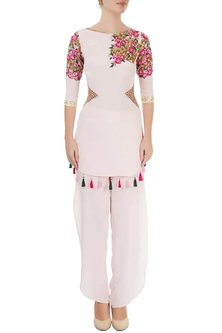 Shop_Neha Khullar_Pink Crepe Thread, Zari And Tassel Work Boat Neck Embroidered Kurta & Pant Set _Online_at_Aza_Fashions