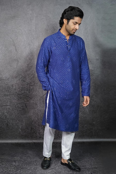 Kasbah Blue Georgette Sequins, Chains Chikankari Embroidered Kurta Set Online at Aza Fashions Kasbah_Blue Georgette Sequins, Chains Chikankari Embroidered Kurta Set _Online_at_Aza_Fashions