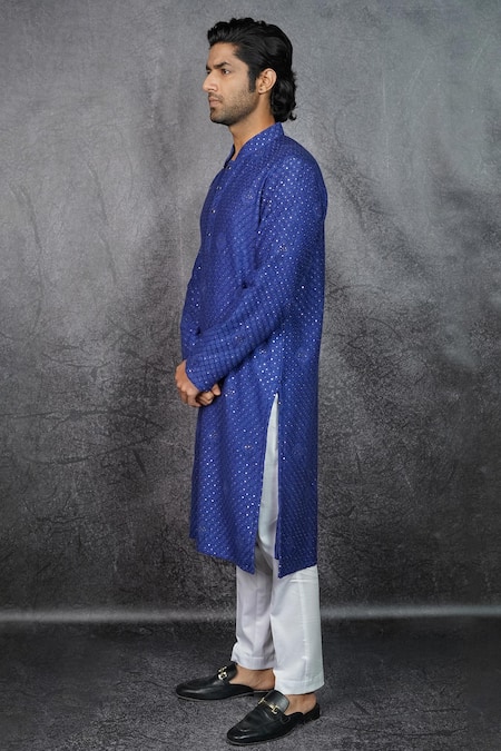 Shop Kasbah Blue Georgette Sequins, Chains Chikankari Embroidered Kurta Set Online at Aza Fashions Shop_Kasbah_Blue Georgette Sequins, Chains Chikankari Embroidered Kurta Set _Online_at_Aza_Fashions